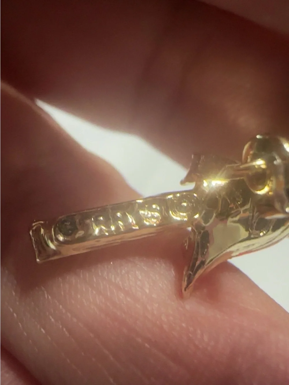 Gold Lamp Post Brooch with Red Ribbon and Emerald Accent